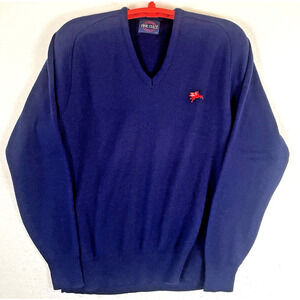 Pine State Vtg Mobil Oil Navy Blue Mens L Sweater Red Pegasus Logo Made in USA